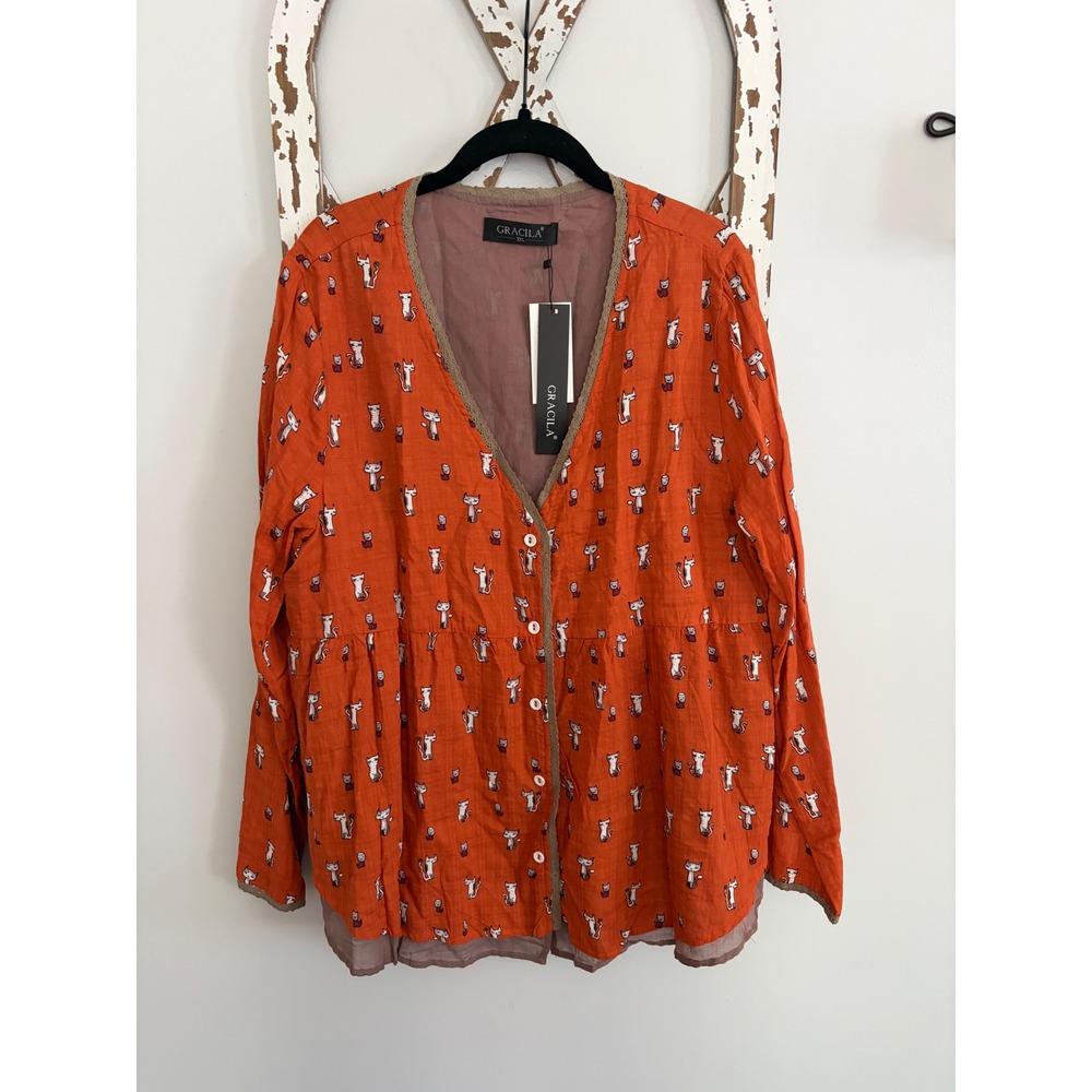 Gracia Blouse All‎ Over Cat Print Orange Size 3X New